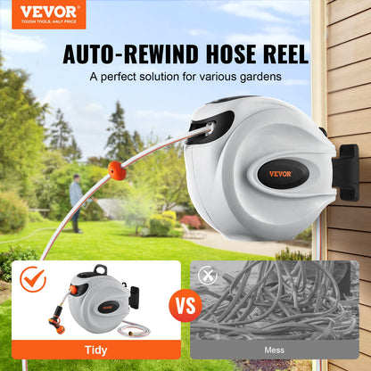 VEVOR Retractable Hose Reel, 65 ft x 5/8 inch, 180° Swivel Bracket Wall-Mounted & Retractable Air Hose Reel, 3/8 IN x 50 FT Hybrid Air Hose Max 300PSI