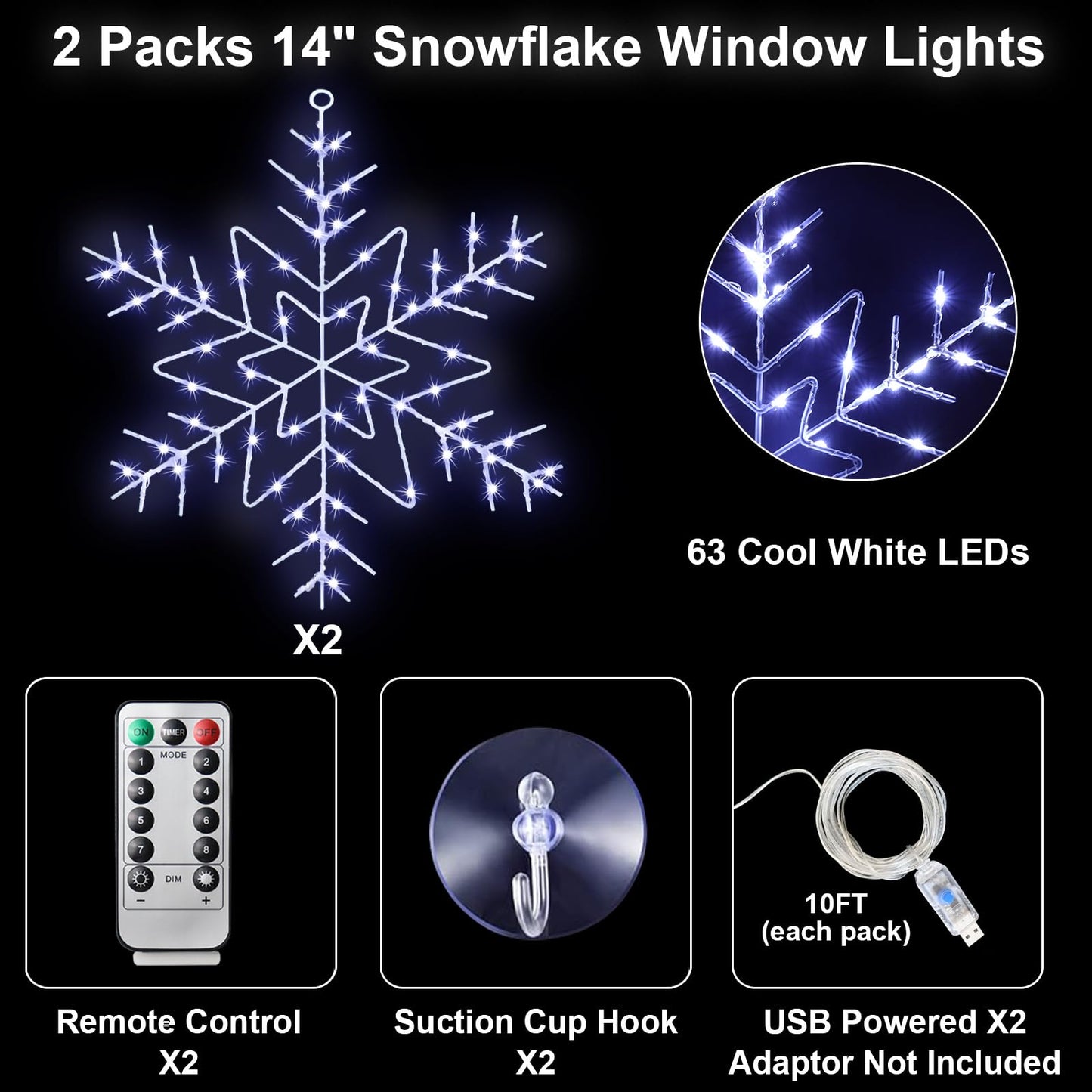 Christmas Window Lights Decorations, 2 Packs 14" Cool White Snowflake Lights with 8 Lighting Modes Remote Control Timer, USB Powered for Home Xmas Party Decor