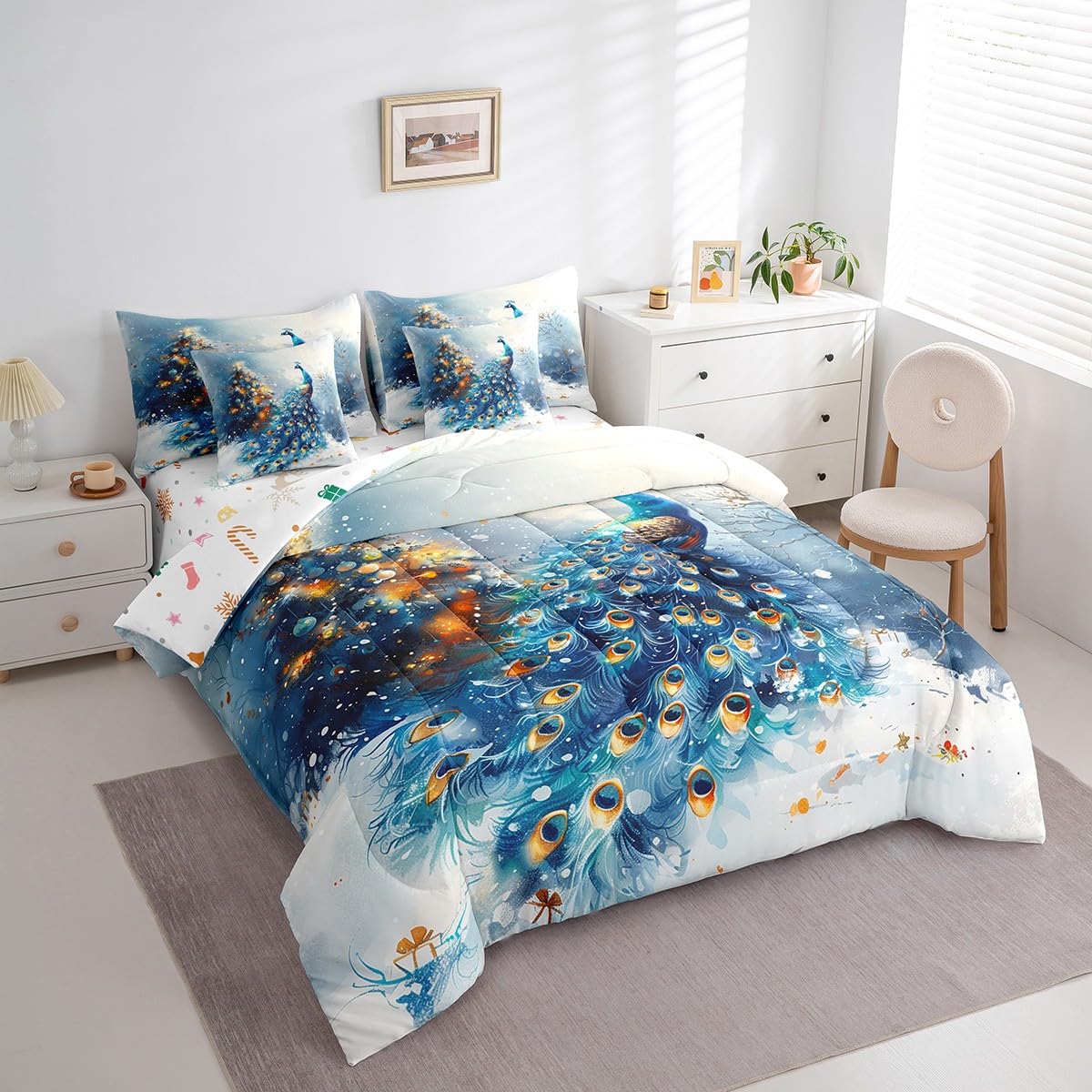 Manfei Xmas Peacock 7 Pieces Comforter Set Full,Wildlife Animal Snow Winter Bedding Set for Bedroom Decor,Merry Christmas（Comforter+Fitted+Flat Sheet+2 Pillowcases+2 Throw Pillow Covers）