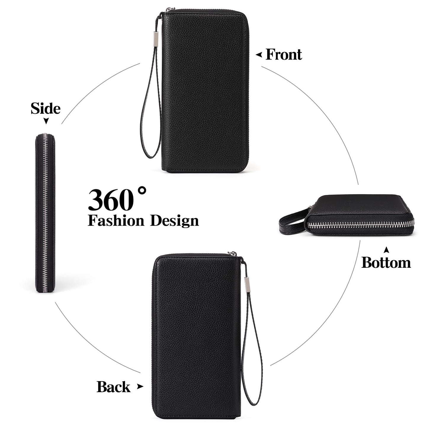 GOIACII Womens Wallet RFID Blocking Leather Zip Around Wallet Large Capacity Long Purse Credit Card Clutch Wristlet