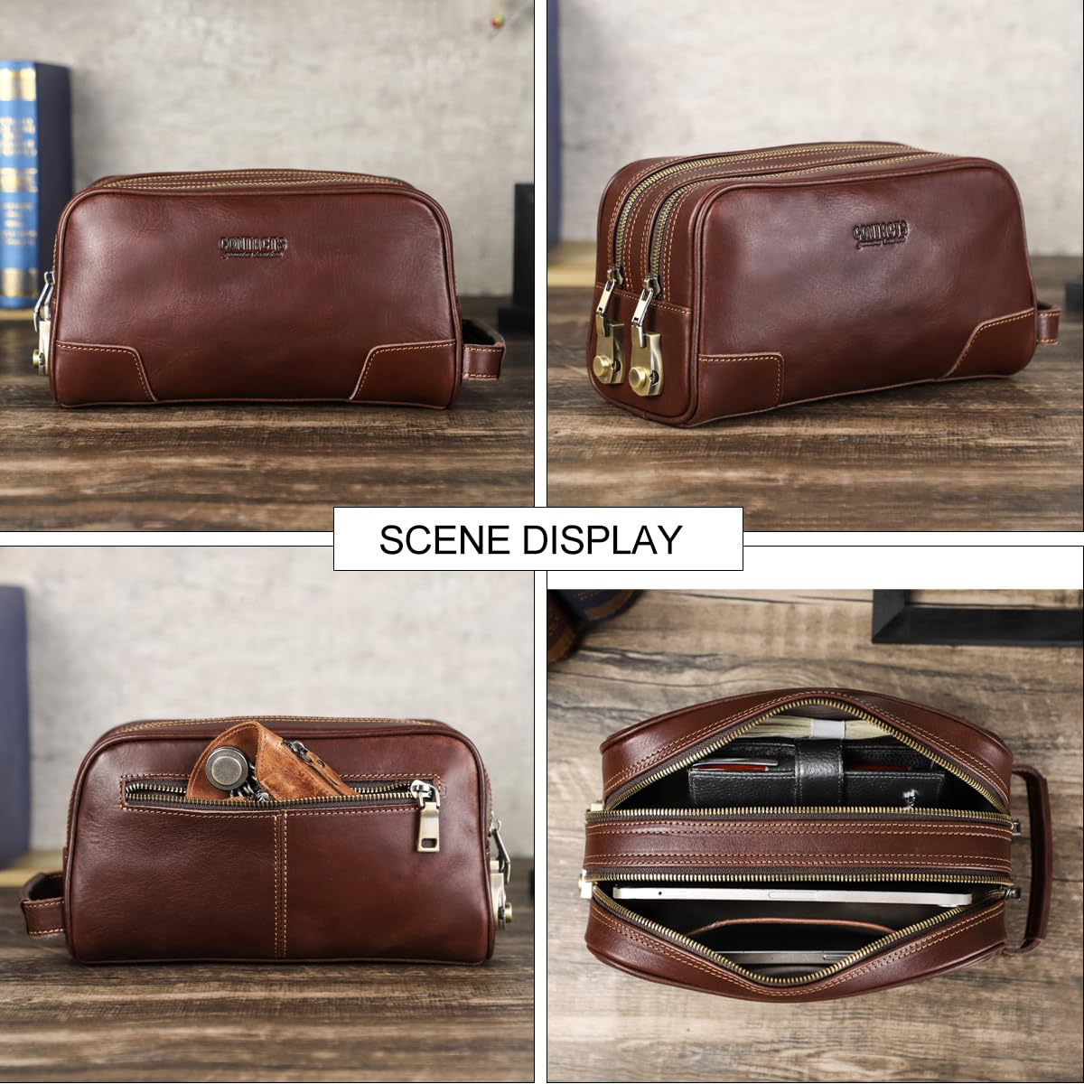 CONTACTS Full Grain Leather Toiletry Bag with Lock for Men Travel Bag Shaving Dopp Kit Organizer Clutch with Handle and Double Combination Lock