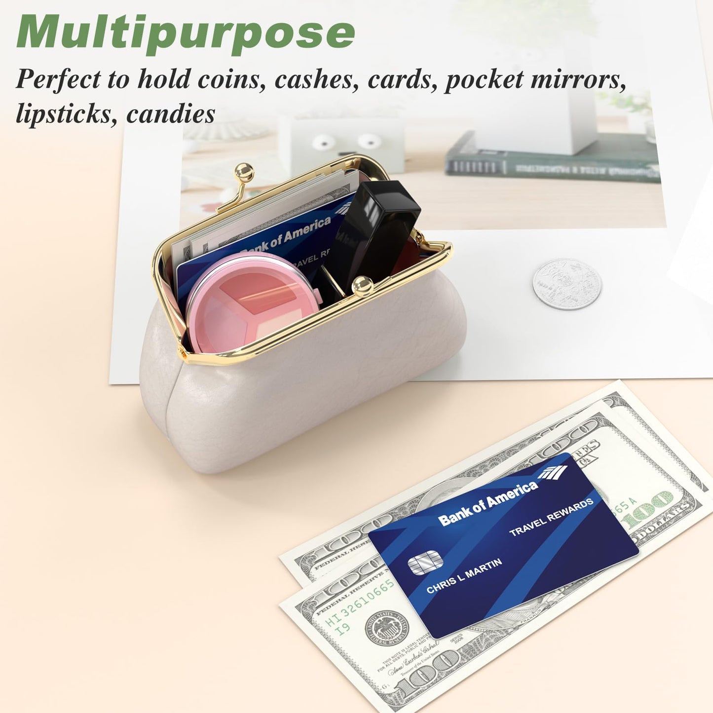 Coin Purse, Small PU Leather Change Purse, Coin Wallet with Clasp, Car Change Holder Pouch for Woman Men Kids Girls, Apricot