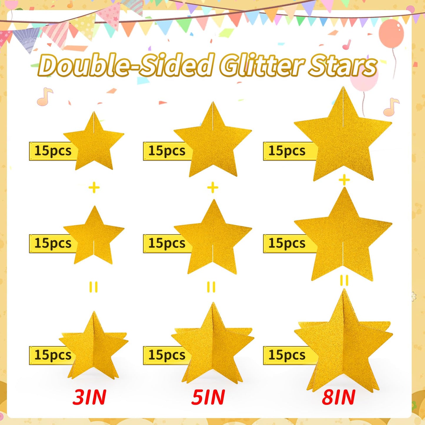 45 Pcs 3D Star Centerpieces for Movie Night & Party Decorations - Gold Hanging Supplies in 3 Sizes for Red Carpet, Birthday, New Year & Graduation Celebrations (8",5",3")