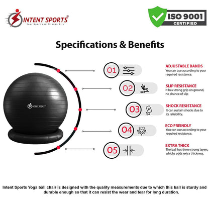 INTENT SPORTS Yoga Ball Chair – Stability Ball with Inflatable Stability Base & Resistance Bands, Fitness Ball for Home Gym, Office, Improves Back Pain, Core, Posture & Balance (65 Cm)