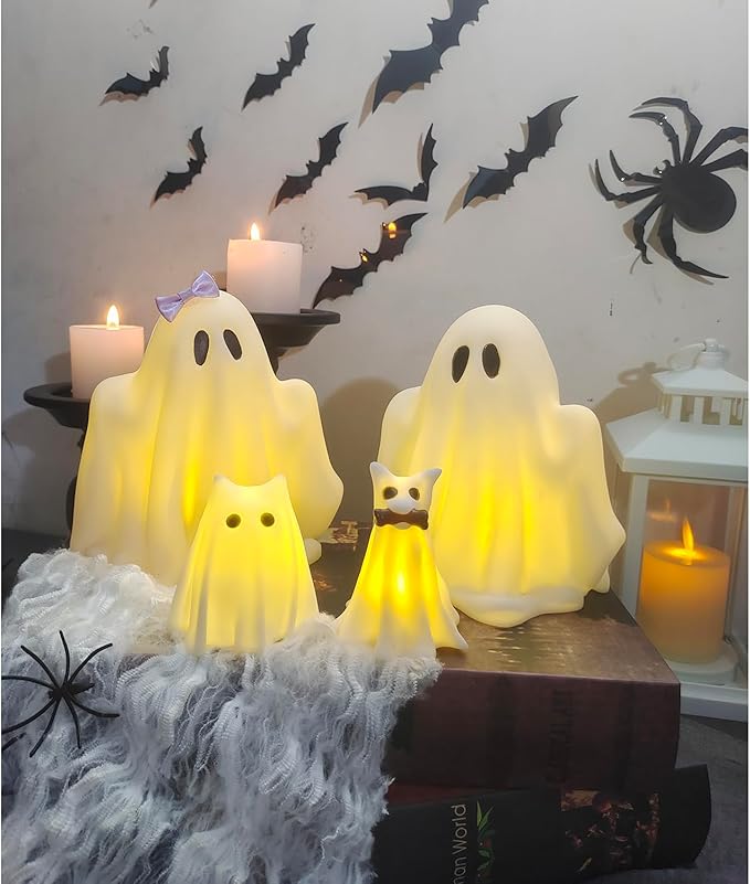 Halloween Decorations Indoor,Ghost Decor, Light Up Ghosts Kit Set of 4,Friendly Pets,Gothic Home Decor(2ghost 1dog 1cat)