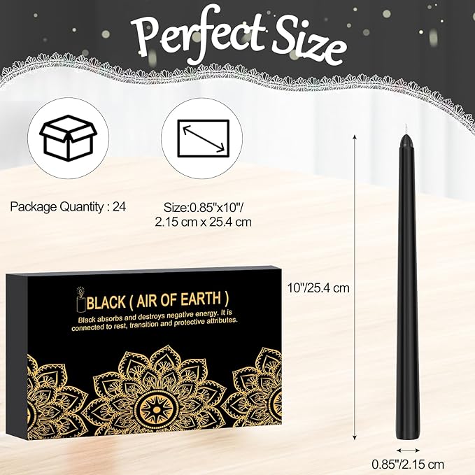 24 Pack Black Taper Candles, 0.85 x 10 Inch Tall, Unscented Smokeless Dripless Dinner Candlesticks for Halloween Home Décor Wedding Party