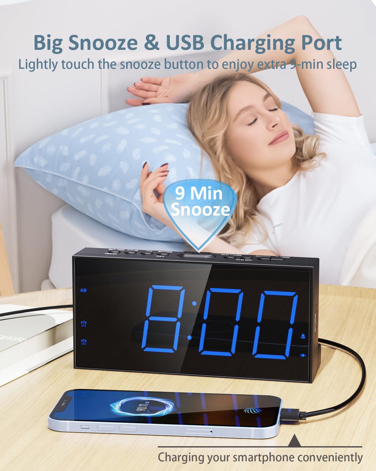 Roxicosly Loud Alarm Clock with Bed Shaker, Vibrating Alarm Clock for Heavy Sleepers/Hard of Hearing/Deaf,Dual Alarms, 7.5’’ Large LED Display, Dimmer, USB Charging Port, Plug-in with Memory Function