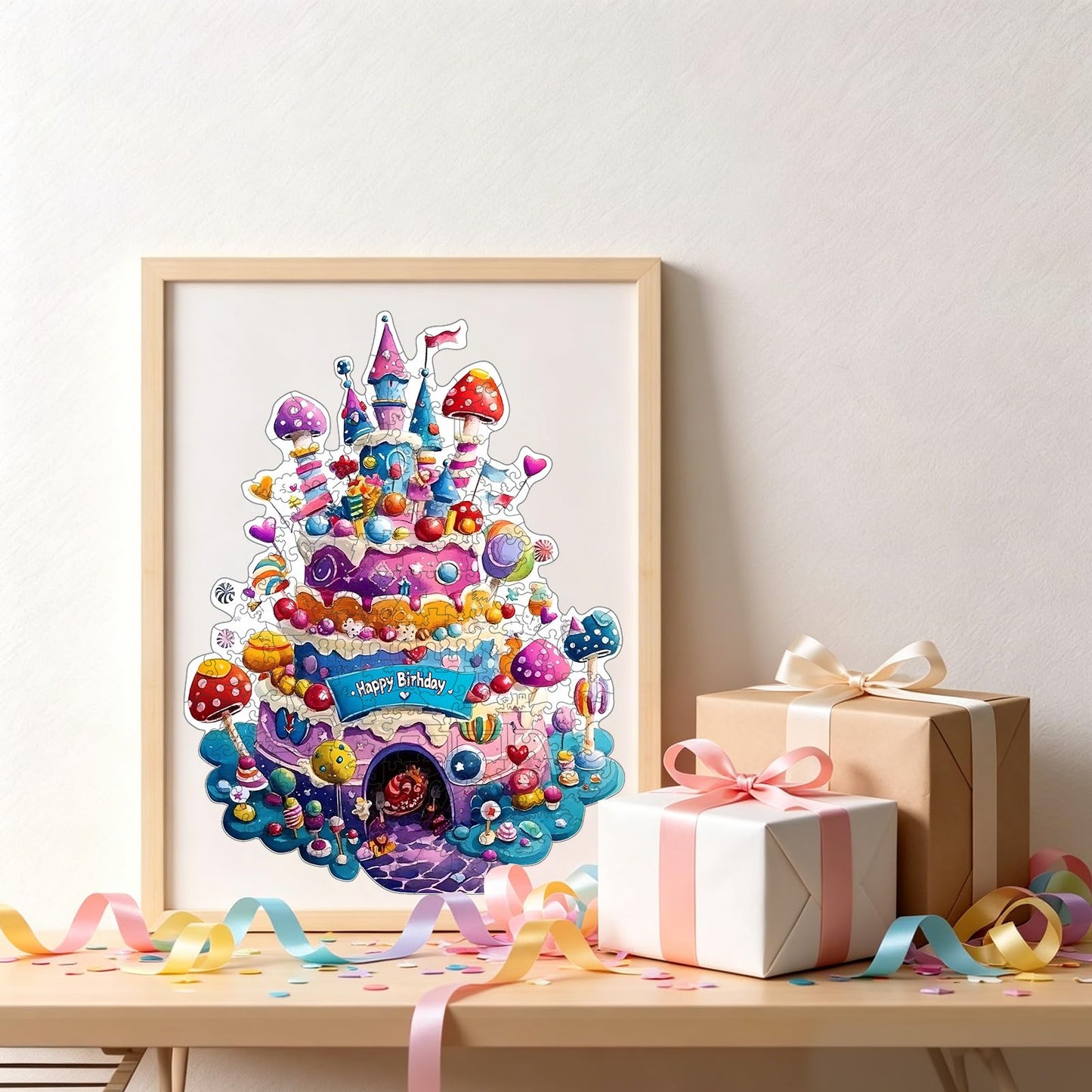 Mocfesk Birthday Cake Wooden Puzzles, Unique Shaped Wooden Jigsaw Puzzles for Kids, Small Puzzles for Grandkids, Birthday Gifts Family Games Home Decor 11.4 x 8.6 in
