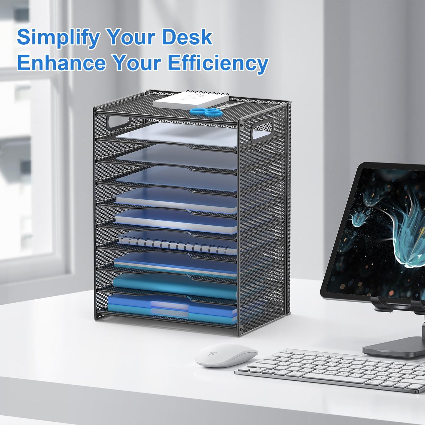 OUTWOLF 10 Tier Paper Organizer - Letter Tray Mesh Desk File Organizer with Handles for Office School Desktop, Black