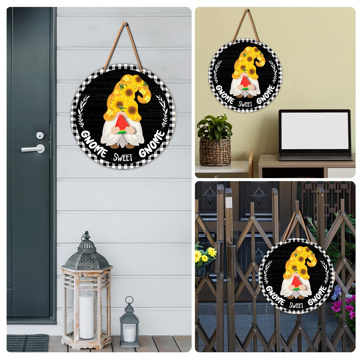 Interchangeable Gnome Welcome Sign Summer Patriotic 4th of July Door Decoration, Changeable Front Porch Decor Wood Wreath Gnomes Gifts for Spring Fall Winter All Seasons Holiday, Antique Black
