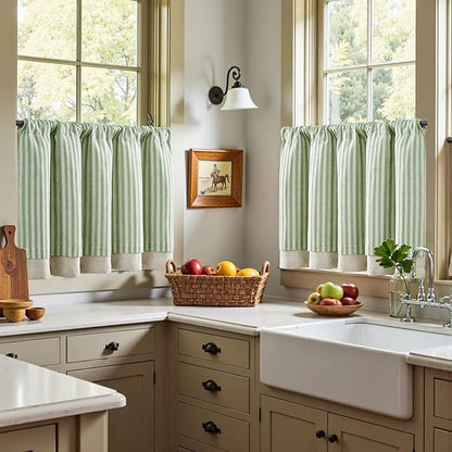 jinchan Double Layer Striped Linen Kitchen Tier Curtain Rustic Cafe for Living Room Bathroom Half Window Curtain Light Filtering Rod Pocket 1 Panel 24 Inch Sage Green