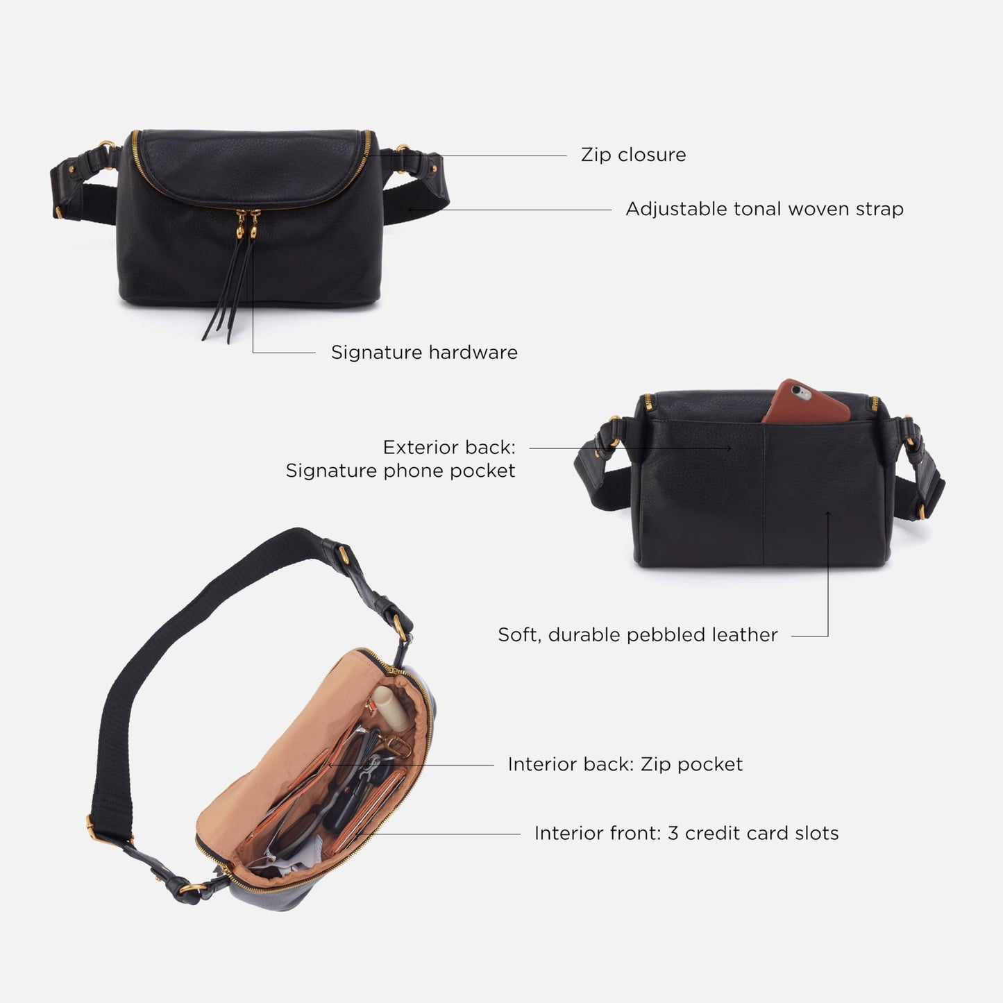 HOBO Fern Leather Belt Bag for Women - Adjustable Strap for Crossbody or Fanny Pack Style, Zipper Pocket, Holds Passport & Phone, Hands-Free Travel & Everyday Essentials - Black