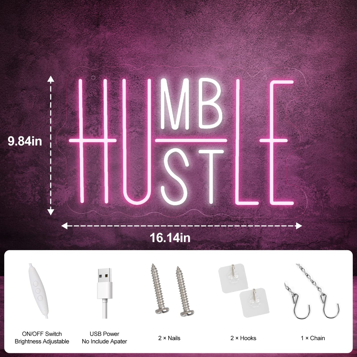 YIKBIK Hustle LED Neon Sign for Wall Decor, Humble LED Neon Lights for Party Decorations, USB Powered Switch Adjustable Brightness Lights, for Office Room, Gym Room, Man Cave Decor (Pink&White)