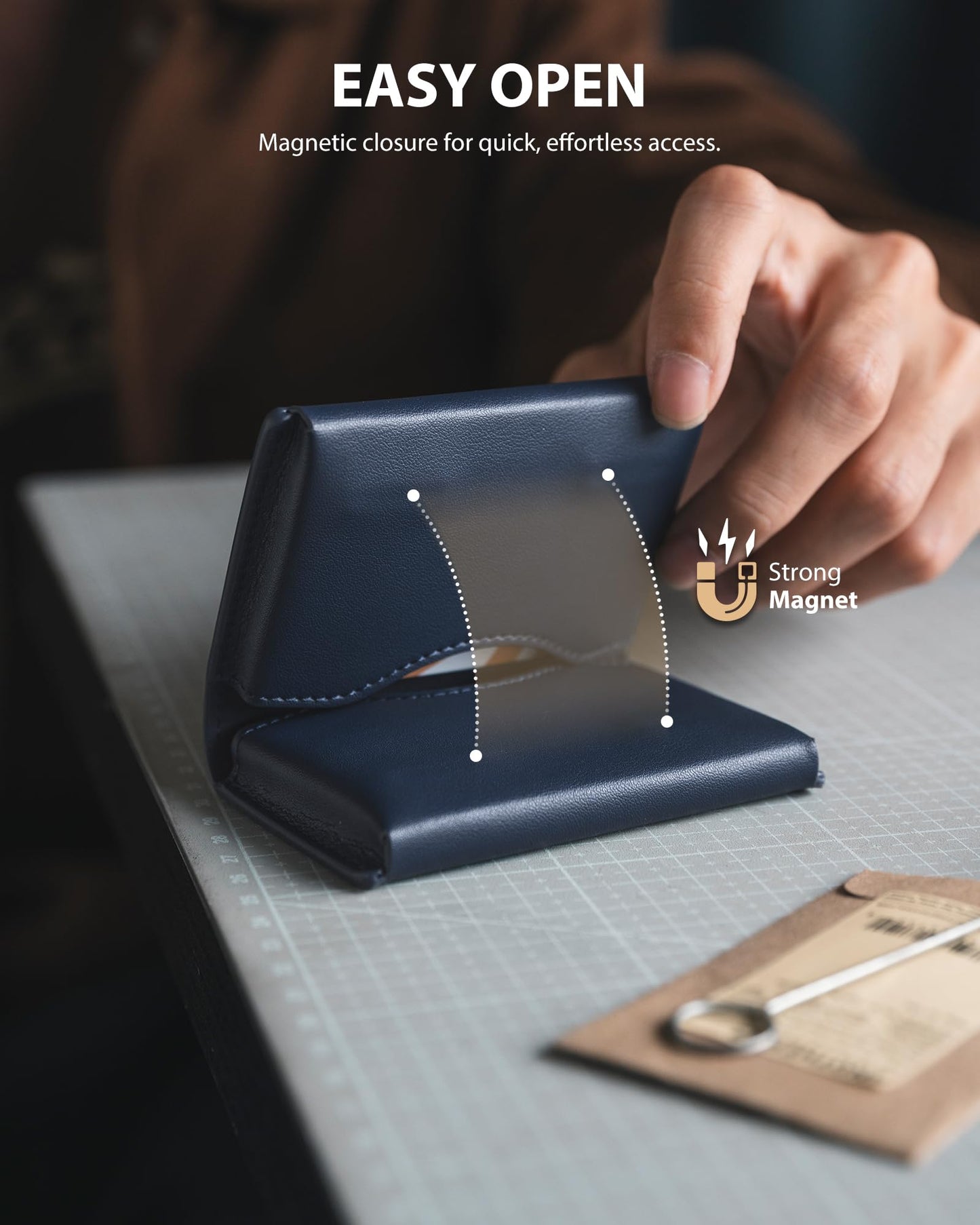VULKIT Leather Business Card Holder, RFID Blocking, Magnetic Closure, 2 Big Slots Holds up to 40 Cards, Navy Blue