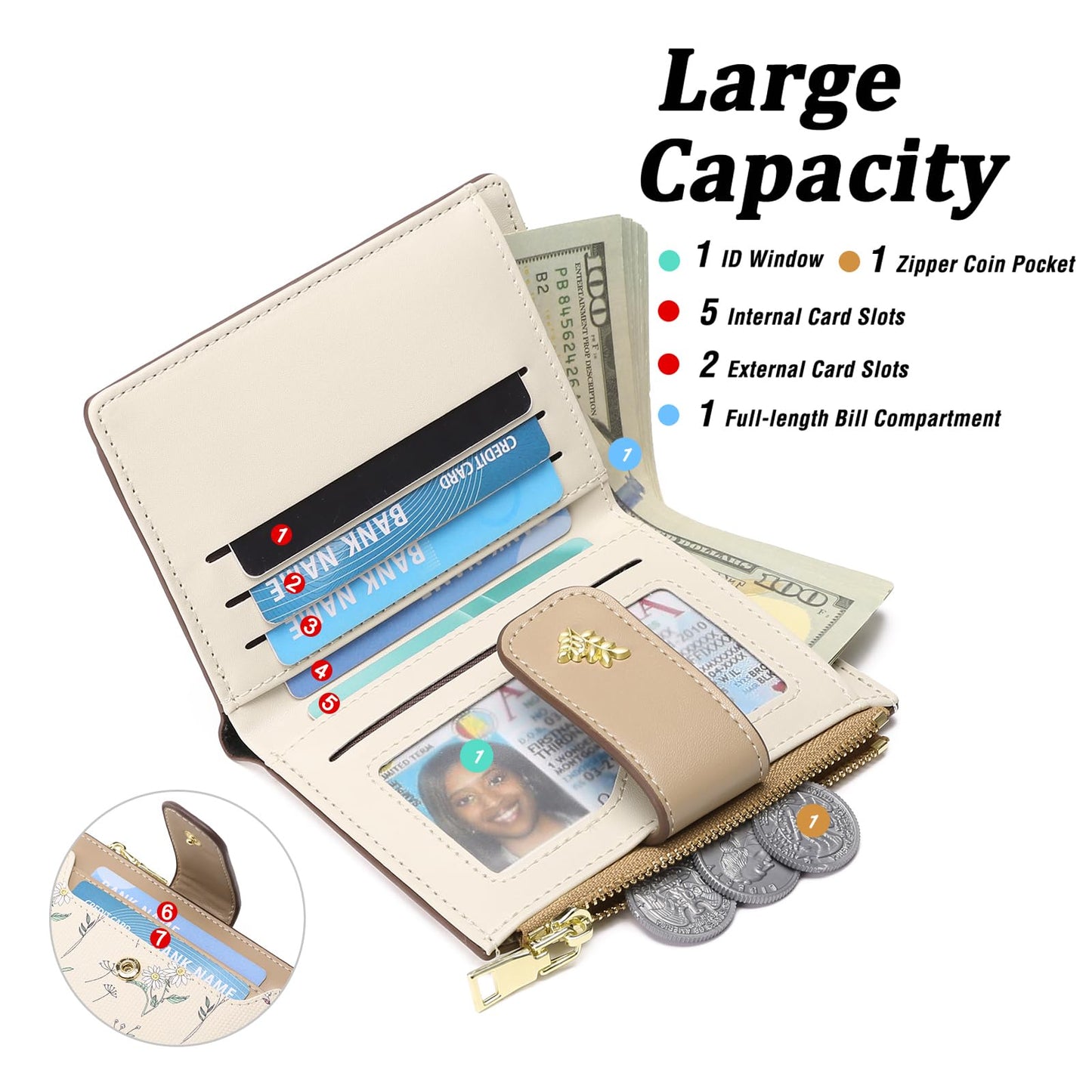 GAEKEAO Small Wallets for Women RFID Blocking Leather Bifold Zipper Pocket Wallet Credit Card Holder with ID Window