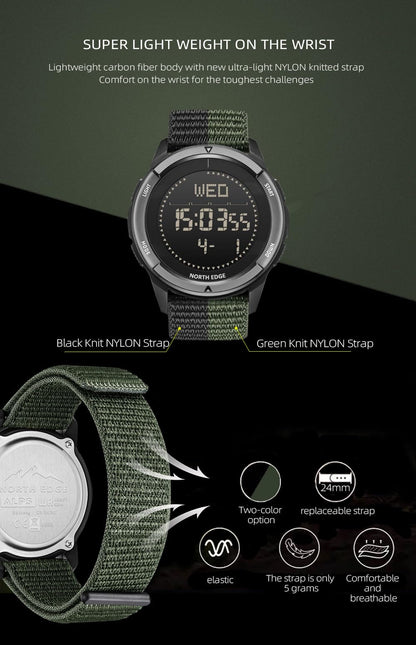 NORTH EDGE Military-Watch for Men - Tactical Survival Watch, Men's Women's Digital Wrist Watches for Sports Outdoors, Pedometer, Compass, Calories, Durable Nylon Band (Black, Nylon Band)