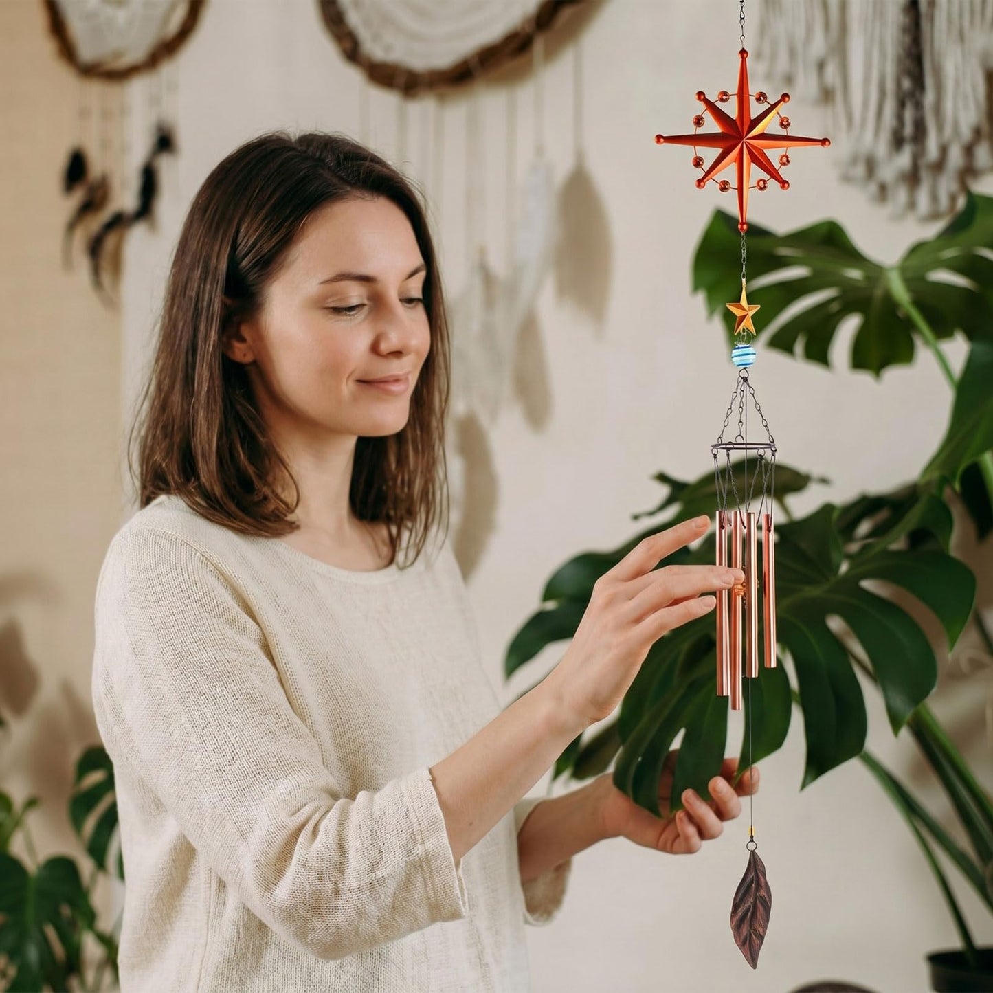 Novabright 2 Pack Star Wind Chimes Set for Outside, 40.9 Inch Large Chime with Mini Wind Chime Ornament, Rustic Metal Hanging Patio Decor for Garden Porch Yard, Decorative Gift