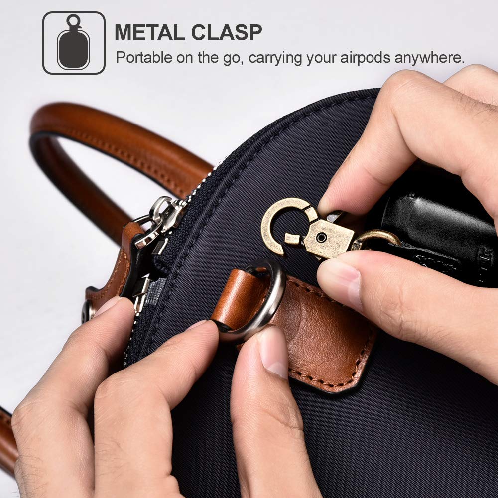 AirPods Leather Case, ICARER Genuine Leather AirPod case with Keychain and Led Light for Apple AirPods 2 Case & Airpods 1, Support Wireless Charging (Black)