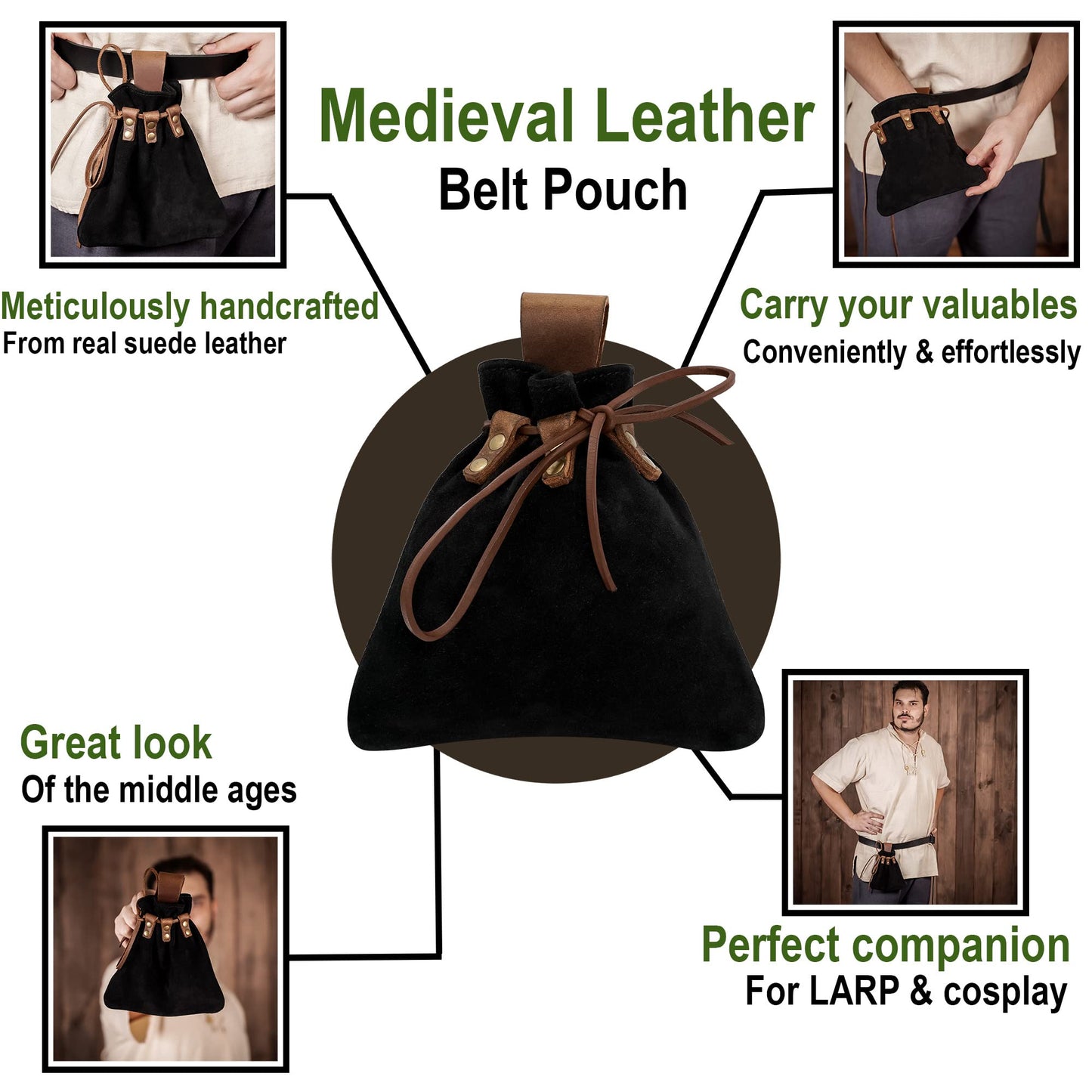 Lord of Battles Medieval Drawstring Bag Viking Style Renaissance Costume Leather Purse Coin Pouch Waist Bag for LARP, Renfaire, Cosplay, Reenactment (Suede Leather Pouch, Black)