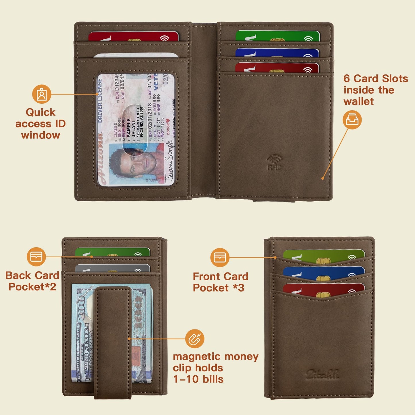Zitahli Mens Slim Wallet - RFID Blocking Leather Bifold with Magnetic Closure, 12+ Card Capacity ID Window | Money Clip Gifts for Him