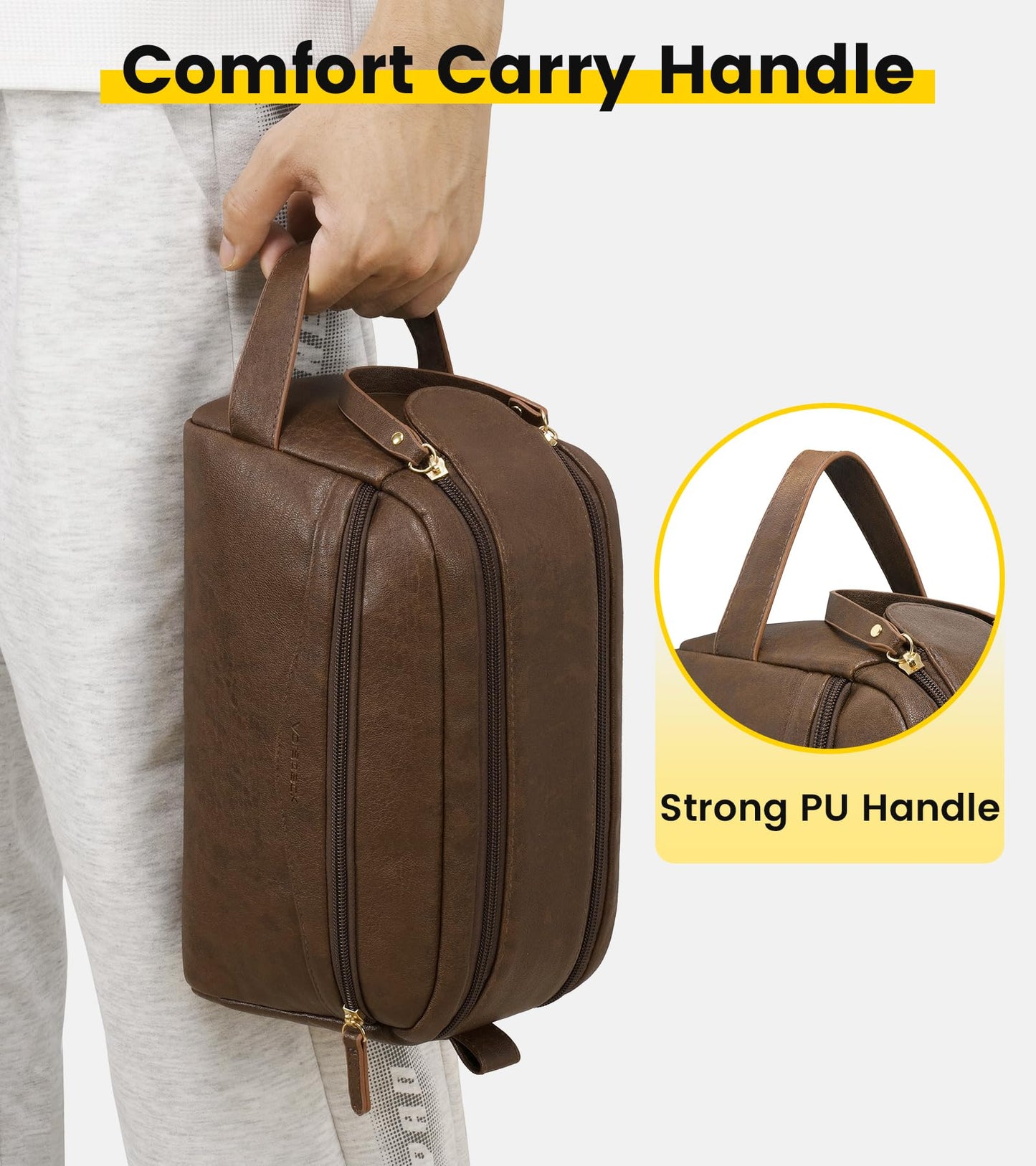Vorspack PU Leather Toiletry Bag for Men, Water-Resistant Travel Bag for Toiletries, Wide Opening Bathroom Organizer for Shaving, Grooming, Skincare - Dark Brown