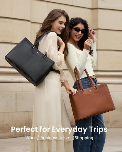 LOVEVOOK Laptop Tote Bag for Women 15.6 Inch Leather Work Bags with Large Cup Holder for Teacher Work Business,Black