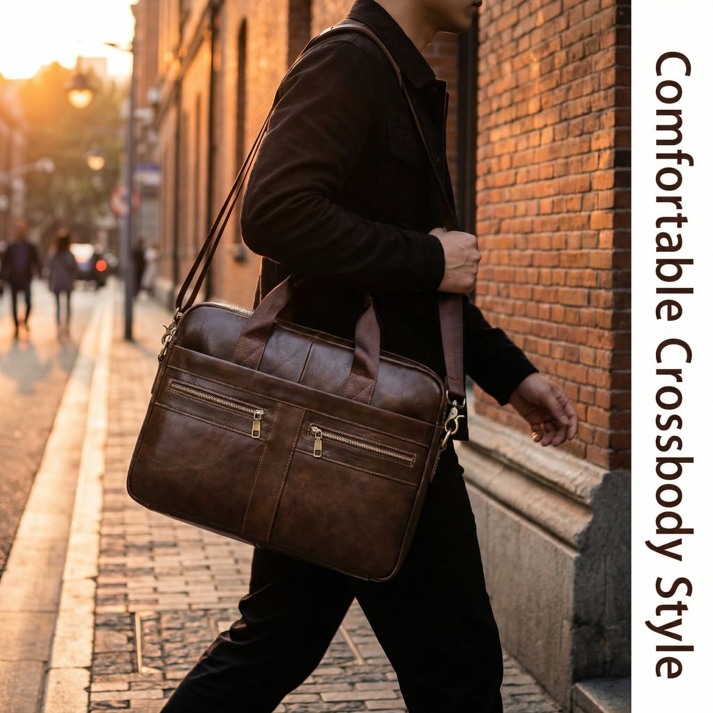 SHENGLAICAI 15.7 Inch Leather briefcases Laptop Messenger Bags for Men Best Office Shoulder Satchel Laptop Bag (Coffee)