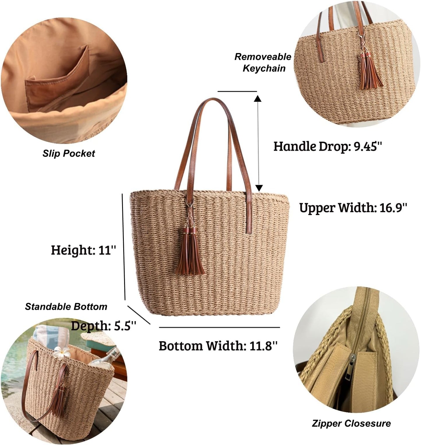 YXILEE Straw Bags For Women | M Size Travel Straw Totes Bag Woven Summer Handmade Shoulder Bag Handbag