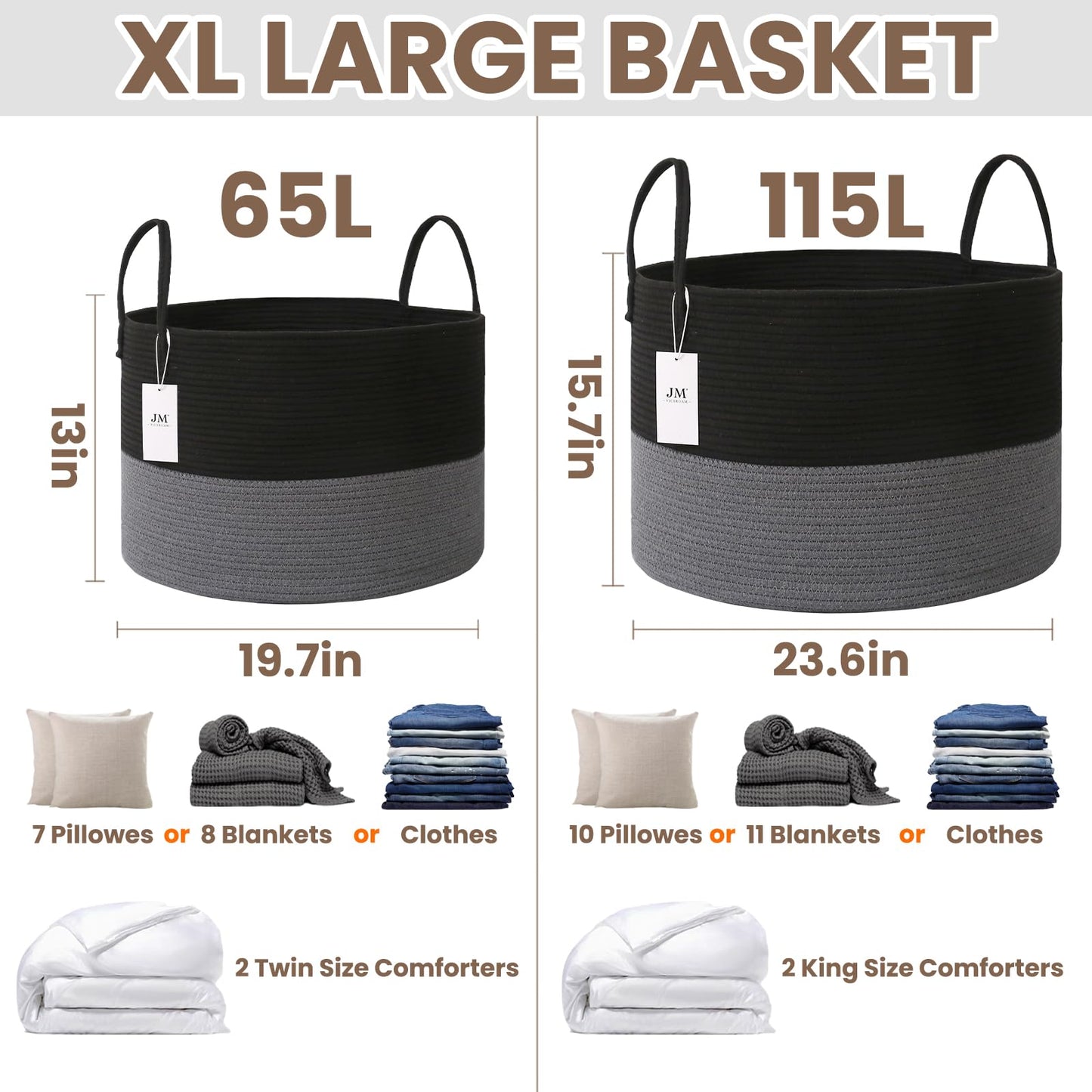 JMvicyroam 65L Extra Large Blanket Basket for Living Room - Woven Cotton Rope Laundry Hamper with Reinforced Handles - Storage Bin for Pillows, Comforters & Toys - Machine Washable,Black&Grey