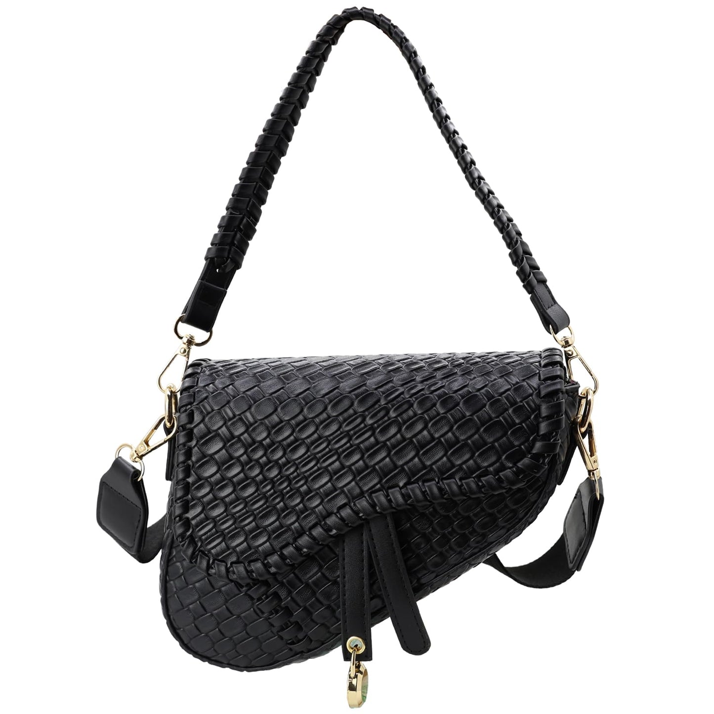 ERWUBA fashion women saddle shoulder bag clutch purse small crossbody satchel handbag woven imitation crocodile leather bag (Black)