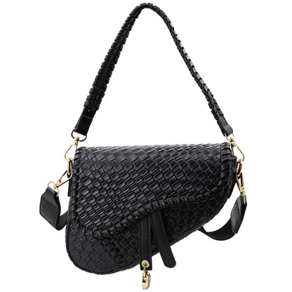 ERWUBA fashion women saddle shoulder bag clutch purse small crossbody satchel handbag woven imitation crocodile leather bag (Black)