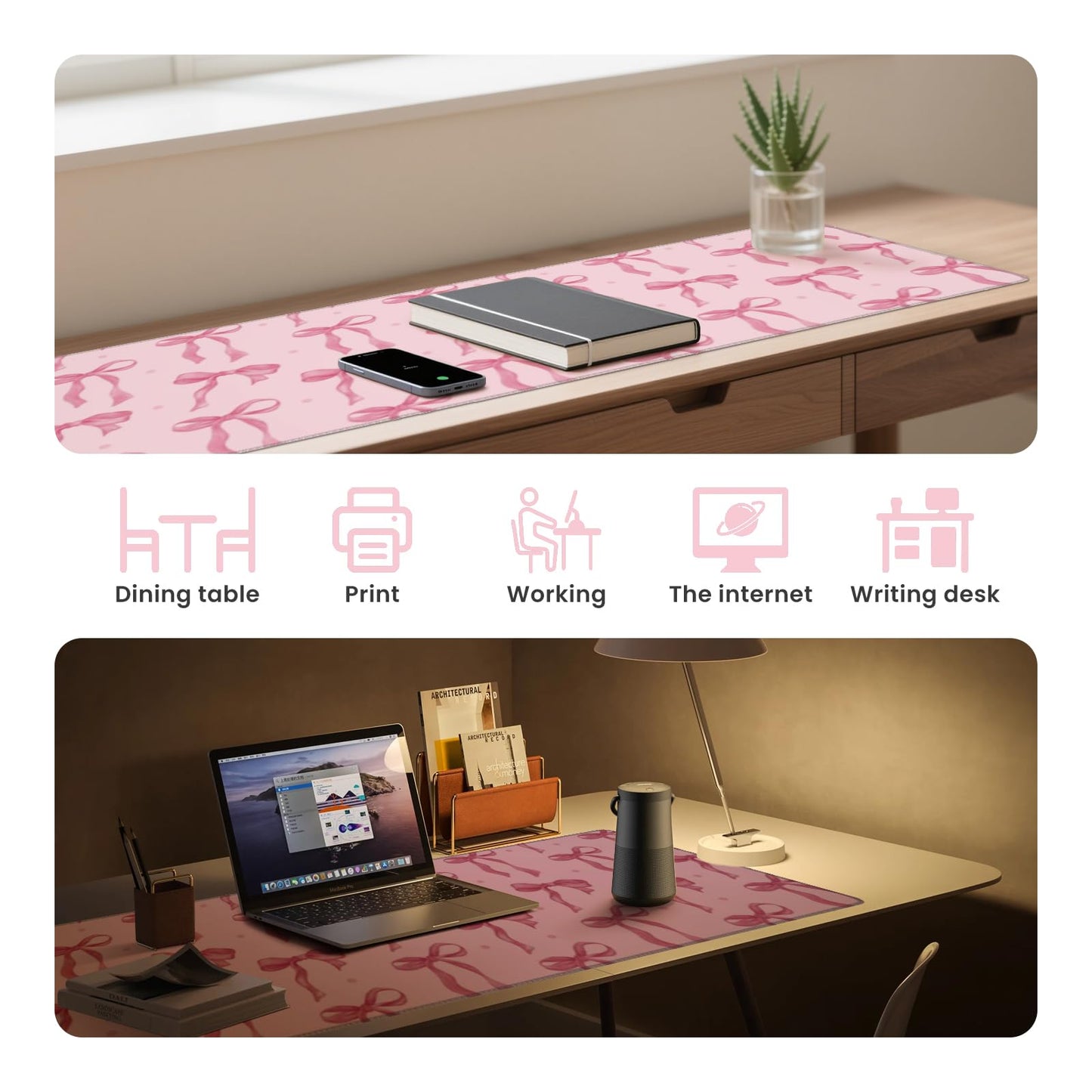 Pink Mouse Pad, Large Pink Desk Mat Bows Computer Mat, Gaming Keyboard and Mouse Pad Non-Slip Rubber Base, Stitched Edge, Cute Girly Office Supplies Desk Accessories Decor for Women 31.5 x 11.8in