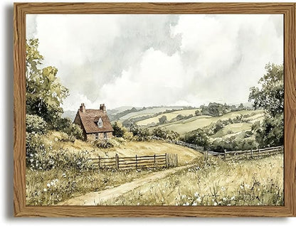 Framed Vintage Canvas Wall Art, Cottage Landscape Wall Decor Paintings, Rustic Farmhouse Pictures Prints Aesthetic Home Decor for Living Room Bedroom Bathroom 12x16 inch