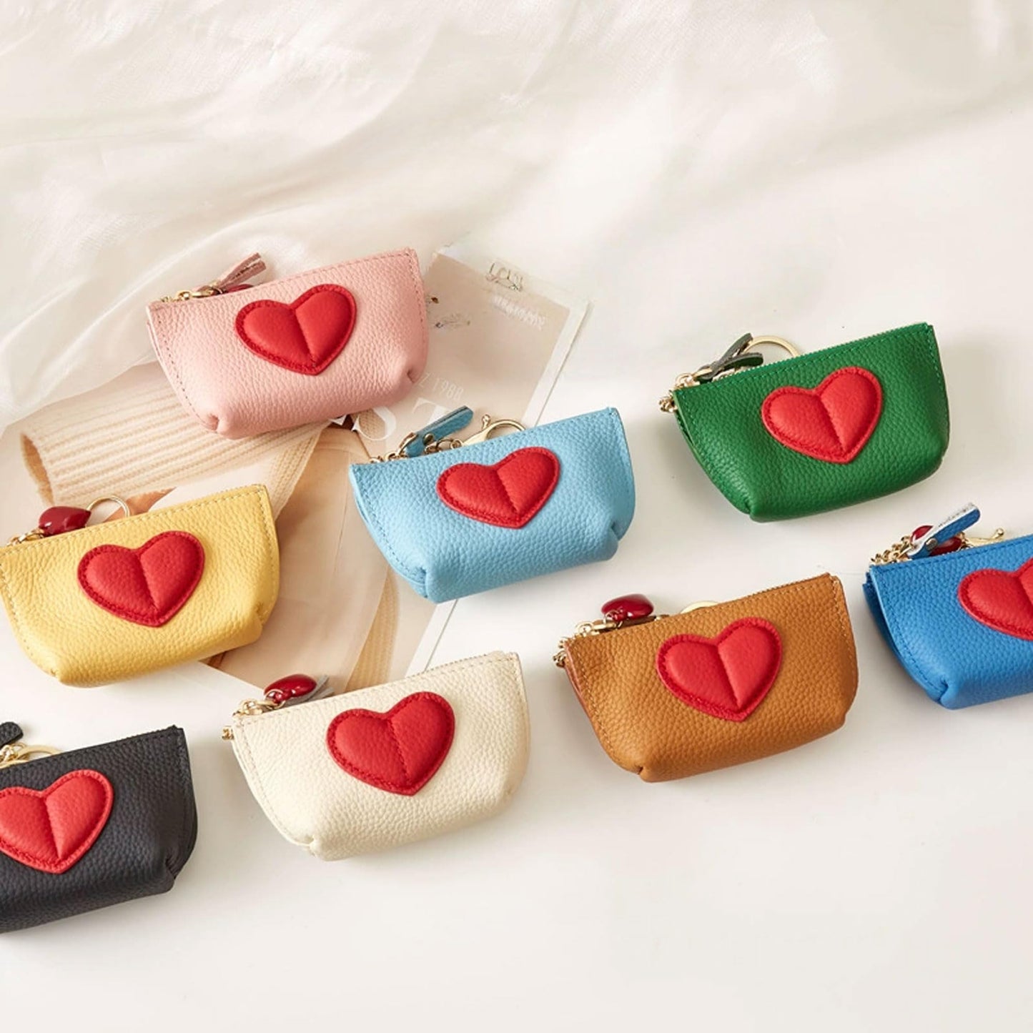 Red Heart Design Small Coin Purse - Cute Compact Keychain Change Purse Soft Leather Wallet with Zipper for Women (Brown)