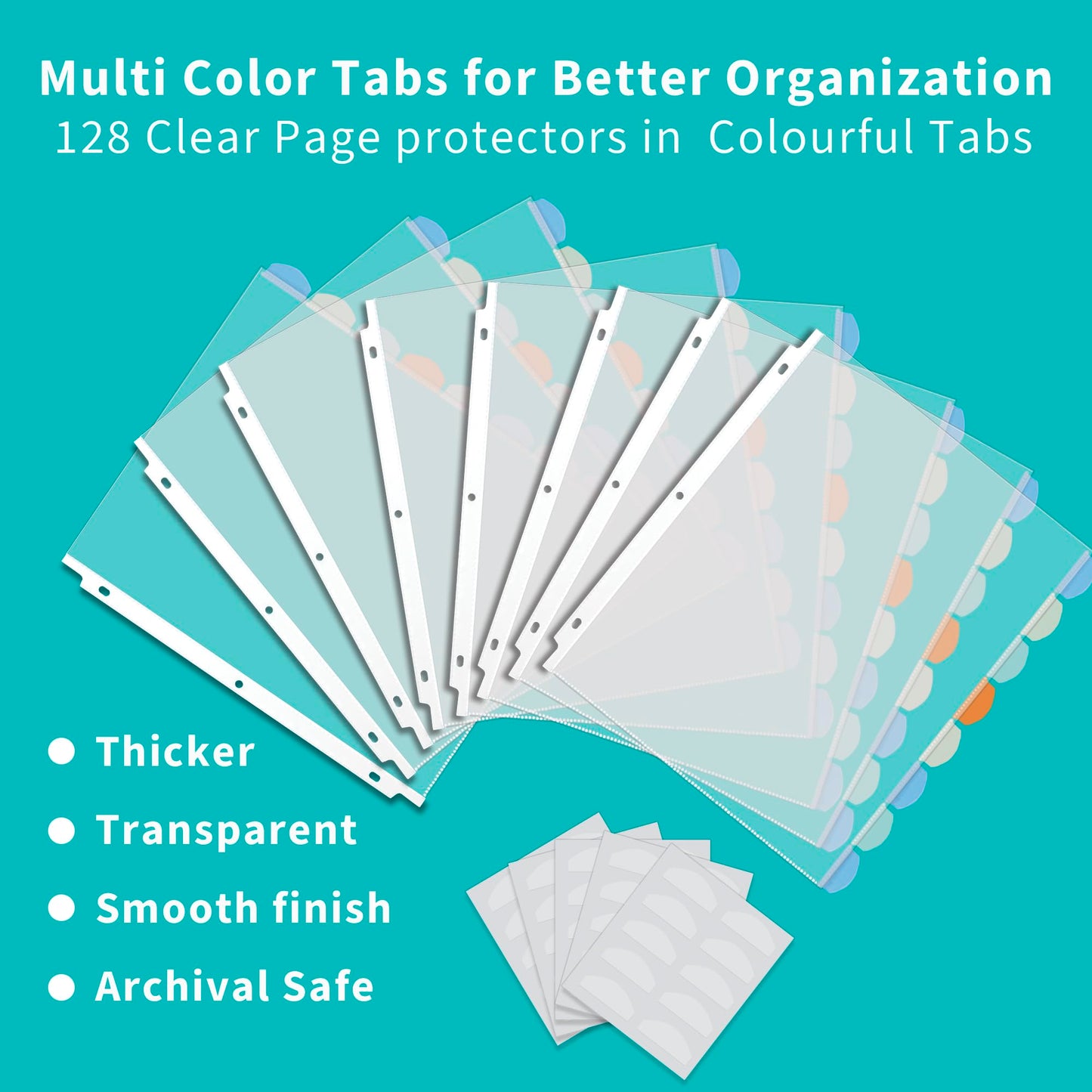 Binditek 128 Pack Heavyduty Clear Sheet Protectors with 8 Tabs, 45 Sheets Capacity, 8.5 x 11 inch Plastic Dividers for 3 Ring Binder, Insertable Index Divider, Letter Size, 16 Set, Label Sticker