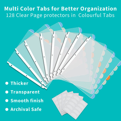 Binditek 128 Pack Heavyduty Clear Sheet Protectors with 8 Tabs, 45 Sheets Capacity, 8.5 x 11 inch Plastic Dividers for 3 Ring Binder, Insertable Index Divider, Letter Size, 16 Set, Label Sticker