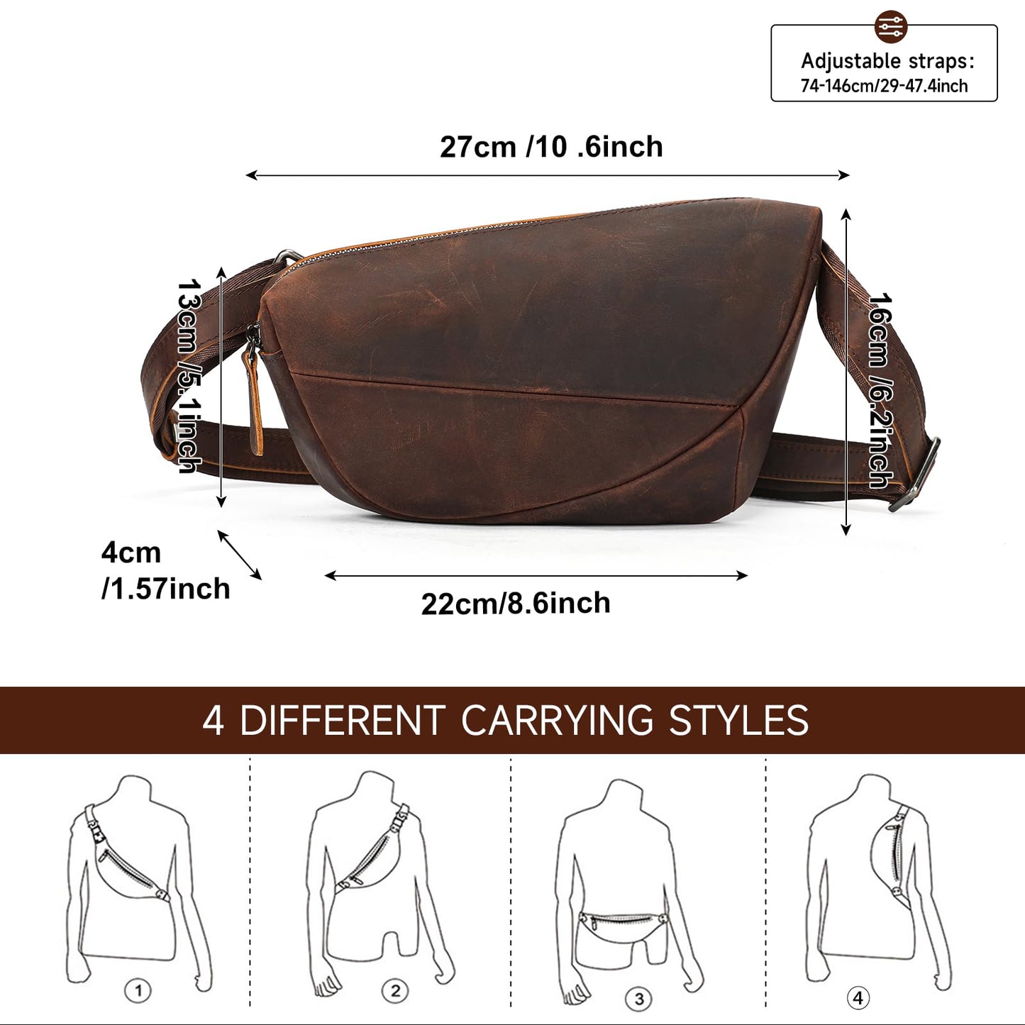 NIUCUNZH Genuine Leather Mens Sling Bag for Women Vintage Small Crossbody Bags Purse for Hiking Travel Chest Daypack (coffee)