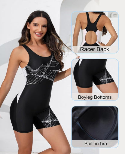 Halcurt Women's Athletic Racerback Boyleg One-Piece Swimsuit - Full Coverage Swimwear for Active Comfort
