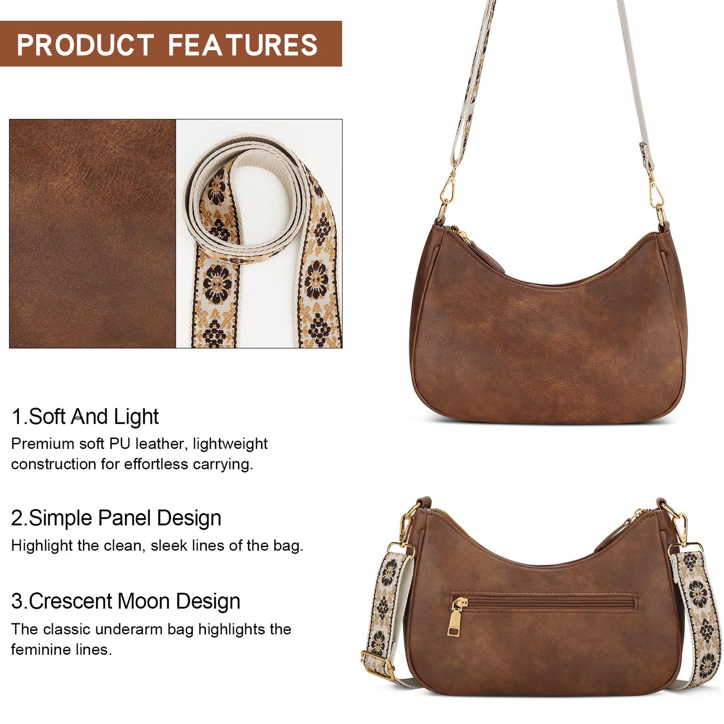 KKXIU Small Cute Purses for Women - Vintage Shoulder Bag, Boho Crossbody Bag with Detachable Ajustable Wide Strap, Trendy Hobo Handbags, PU Leather Clutch Purse (Brown)