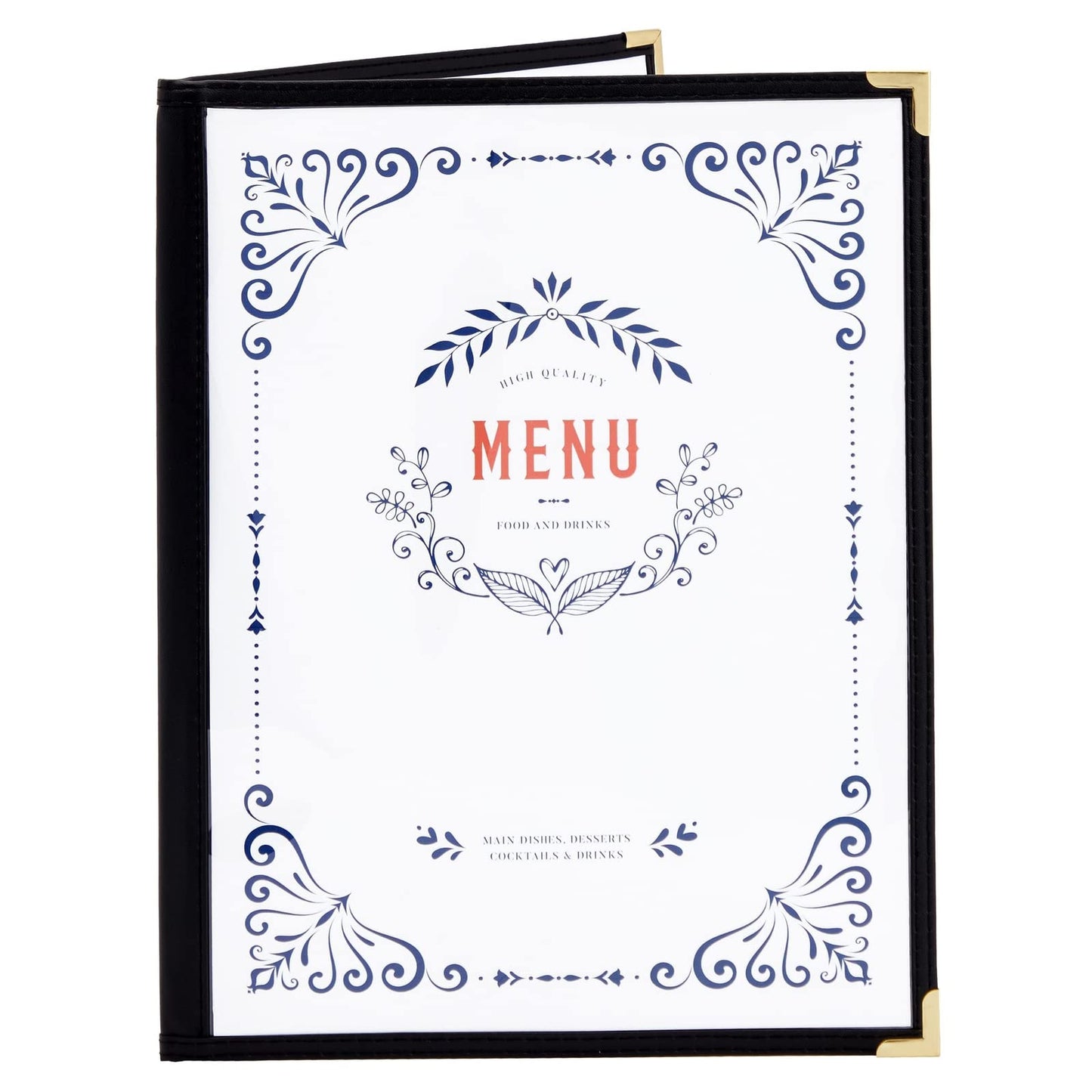 Juvale Clear Menu Covers 8x11 in 4 View - 12-Pack, Letter Size Black PU Leather - Double Panel Clear Sleeves & Gold Metal Corners - Menu Holders for Restaurants & Bars