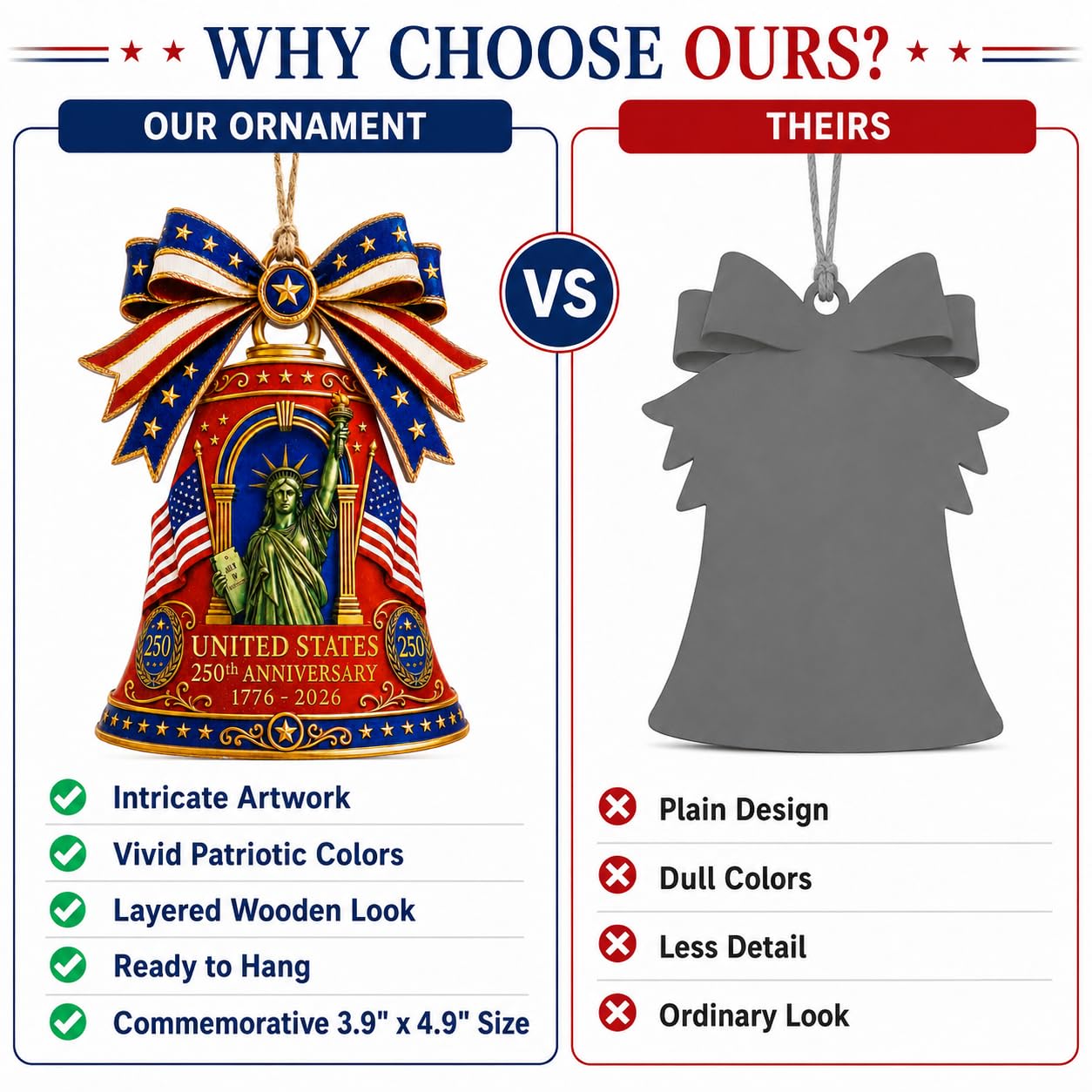 Red Wooden Liberty Bell 250 Anniversary USA Ornament, USA 250th Anniversary Merchandise, Fourth of July Decorations, Patriotic Decor, USA 250th Anniversary 4th of July Gifts, USA 250th Birthday Gifts