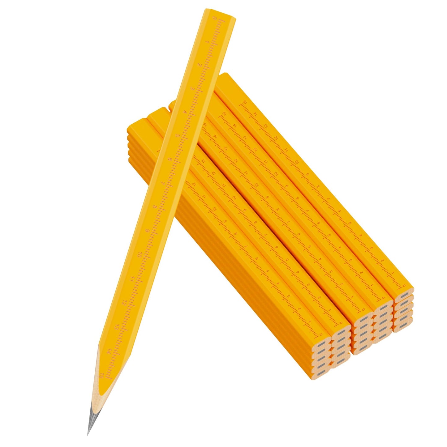 25 Pack Carpenter Pencils with Ruler - Flat Yellow Octagonal Woodworking Pencils for Construction, Marking, Framing - Hard HB Graphite