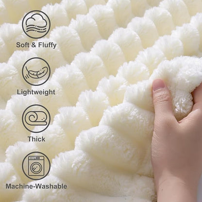 decorUhome Soft Fleece Cream White Twin Blanket for Bed, Cozy Fluffy Plush Flannel Striped Throws for Couch Sofa, Lightweight Decorative Ribbed Fuzzy Blanket for Woman, 60x80 Inches