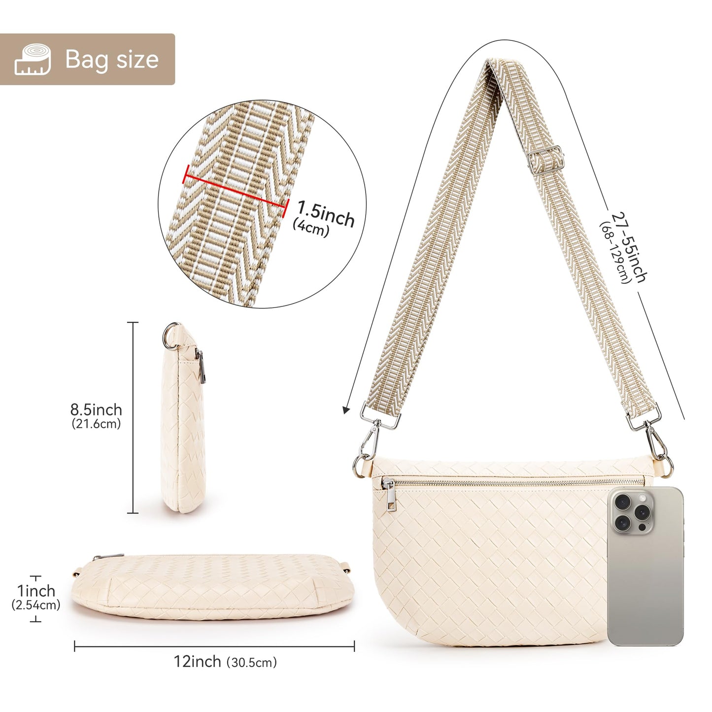 KALIDI Woven Crossbody Bags for Women Travel Vegan Leather Fanny Packs for Woman Cross Body Purse Fashion Belt Bum Bag with Wide Strap
