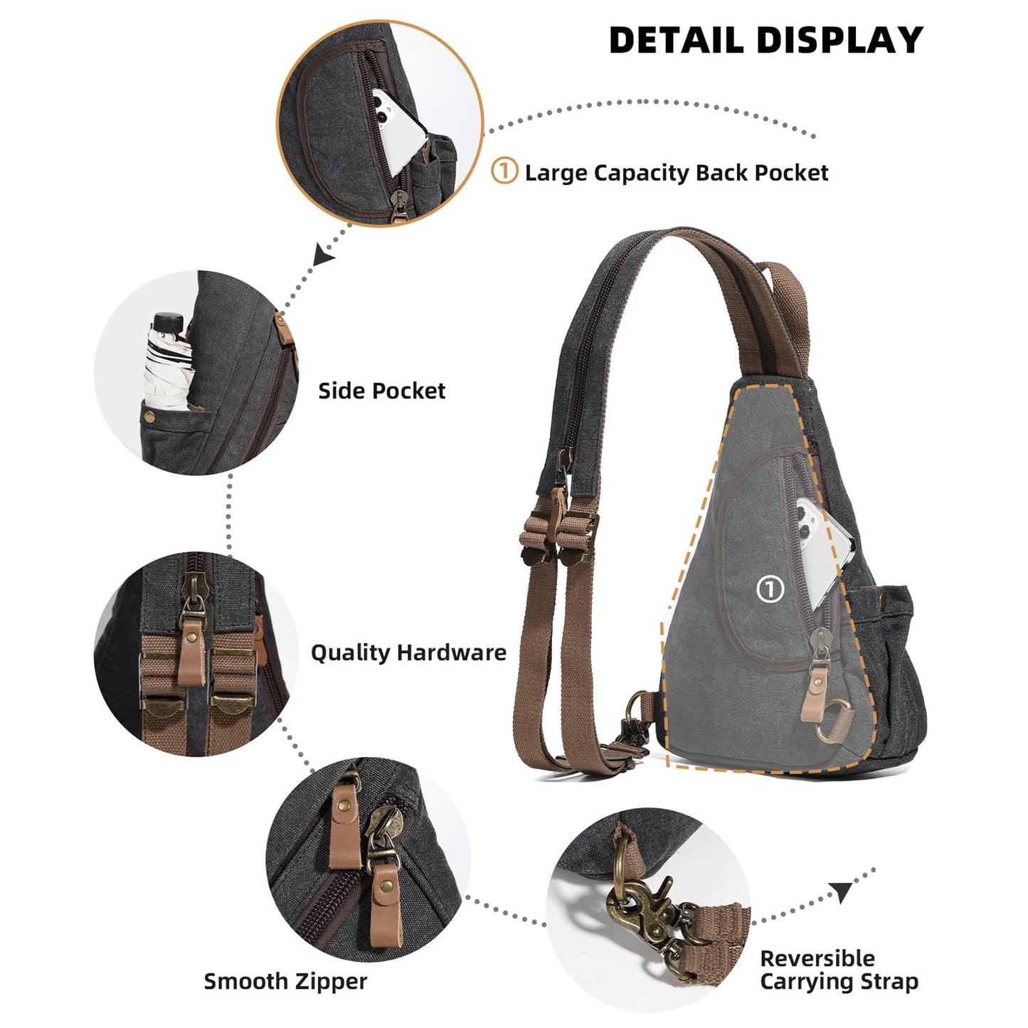 KL928 Canvas Sling Bag - Small Crossbody Backpack Shoulder Casual Daypack Rucksack for Men Women(Small Version, Black)