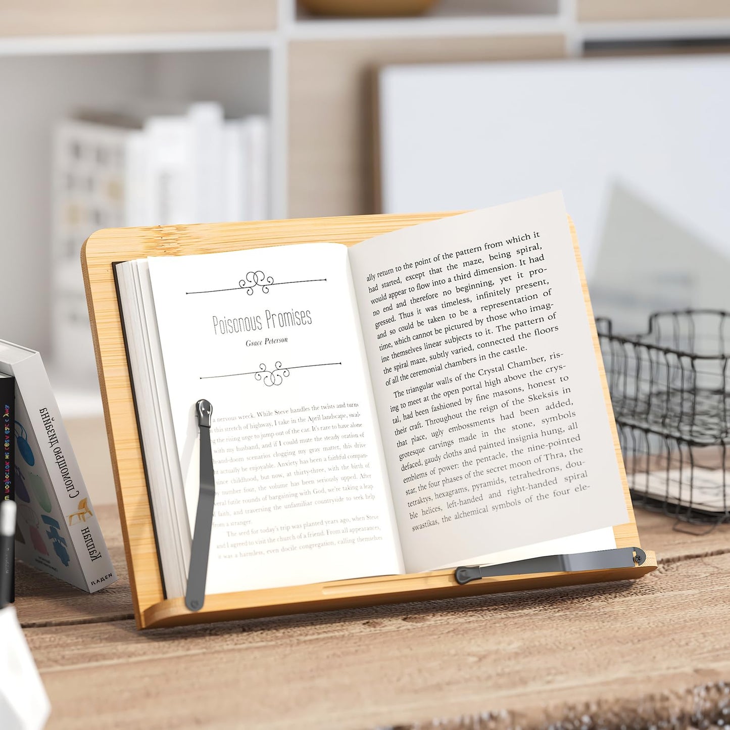 Bamboo Book Stand, Adjustable Reading Holder with Page Clips, Portable Lightweight Desk Stand for Textbooks, Cookbooks (Small)
