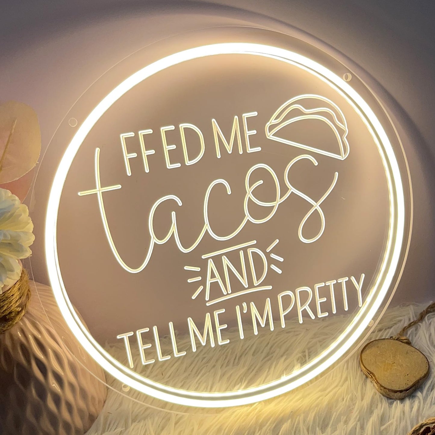 Neon Sign Feed Me Tacos and Tell Me I’m Pretty For Wall Decor 3D Art Carving Design Indoor Bedroom Led Neon Sign Backdrop Flex Christmas Business Room Shop Window Birthday Gift(Warm White,USB,30×30CM)