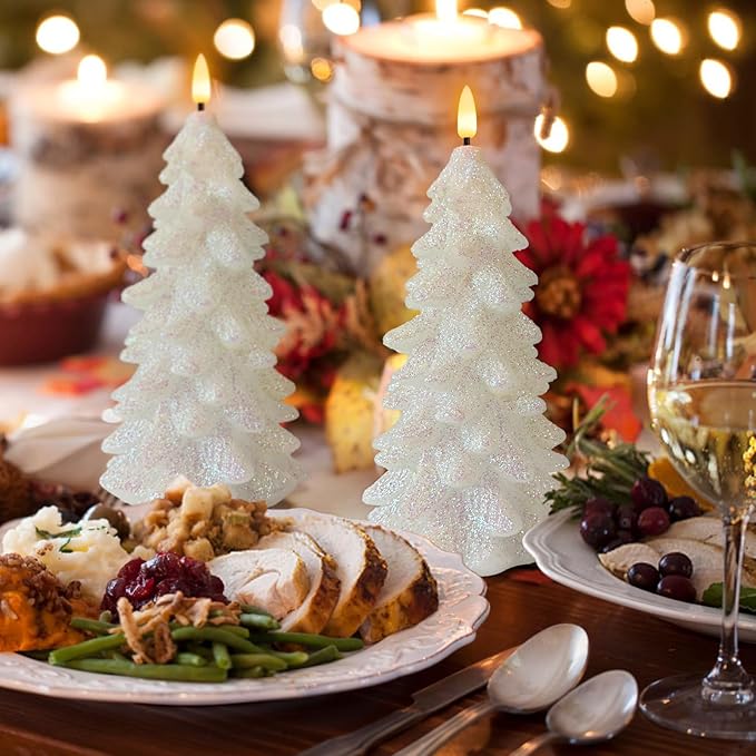 Christmas Tree Shaped Flickering Flameless Candles, Glittering White Real Wax Battery Operated LED Candles with Timer for Christmas Home Party Decoration Set of 2