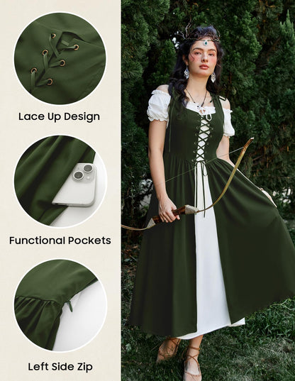 Scarlet Darkness Renaissance Costume Women Peasant Medieval Dress Short Sleeve Maxi Fairy Dresses with Pockets Olive Green L