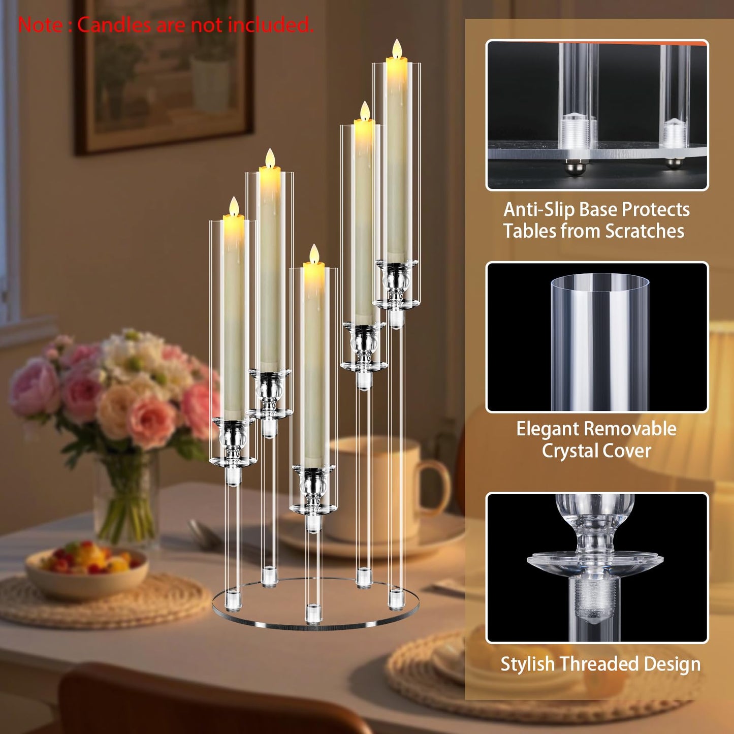6 Sets 5 Arms Acrylic Candelabra Centerpieces for Tables,Clear Candle Holder for Wedding,Ceremony Dinner Party, 22.8" Tall Candlestick Holders with Lampshade,Fit LED Candle